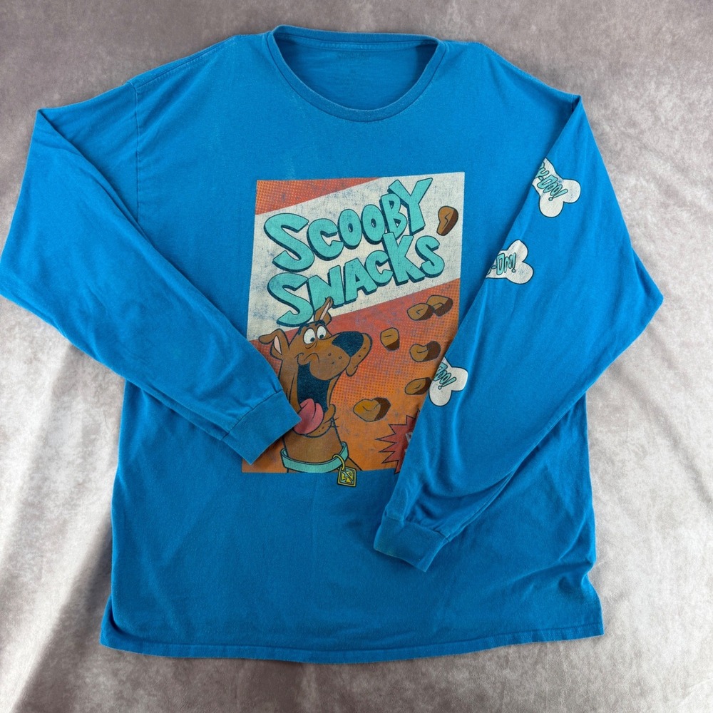 Y2K Scooby-Doo Mens Scooby Snacks Cereal Box Long Sleeve Graphic T-Shirt Blue XL